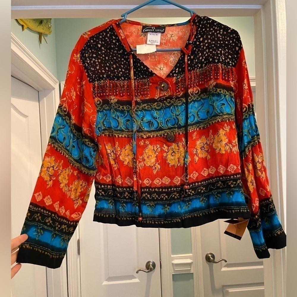 Vintage Carol Little Southwestern Boho Beaded Button Up Blouse